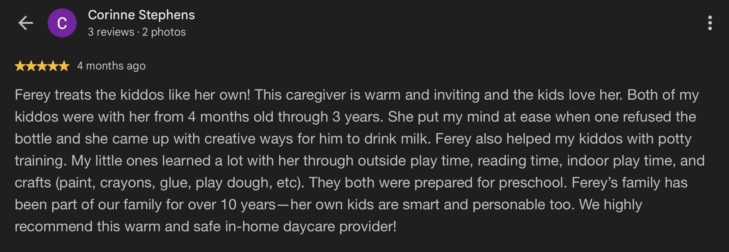 Google review from Corinne Stephens