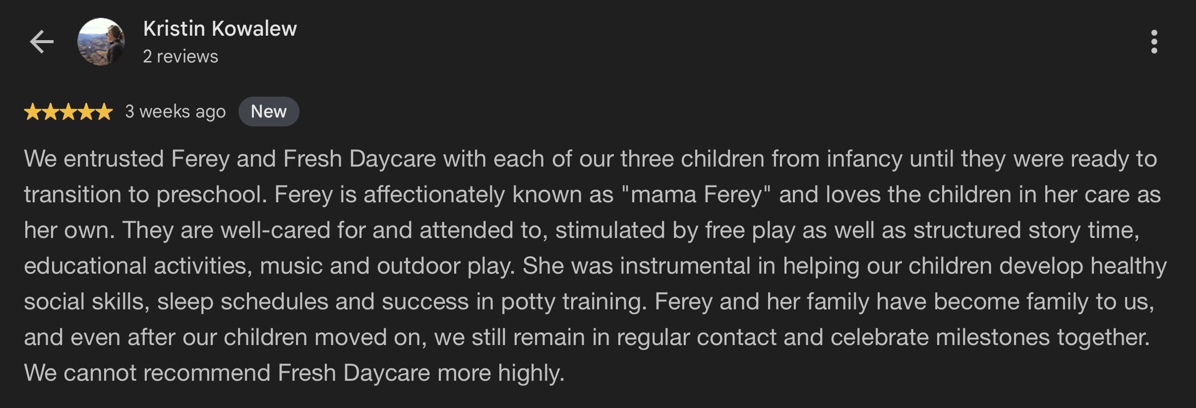 Google review from Kristen Kowalew
